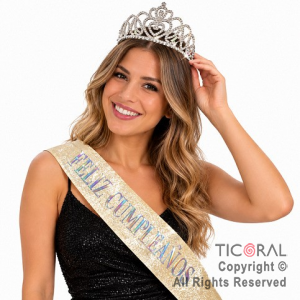 SET VINCHA Y BANDA FELIZ CUMPLEA�OS STRASS CORAZON ORO (10548S)